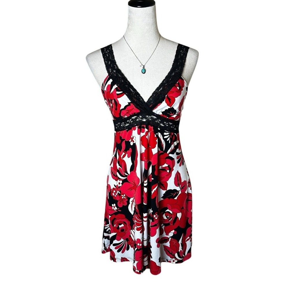 Vintage Forever 21 Babydoll Red Floral Lace Trim Tunic Mini Dress L | Y2K Retro